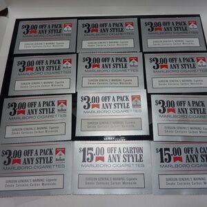 Marlboro Cigarettes $3.00 Off 10 Coupons $15 OFF 2 COUPONS EXP. March 31, 2026
